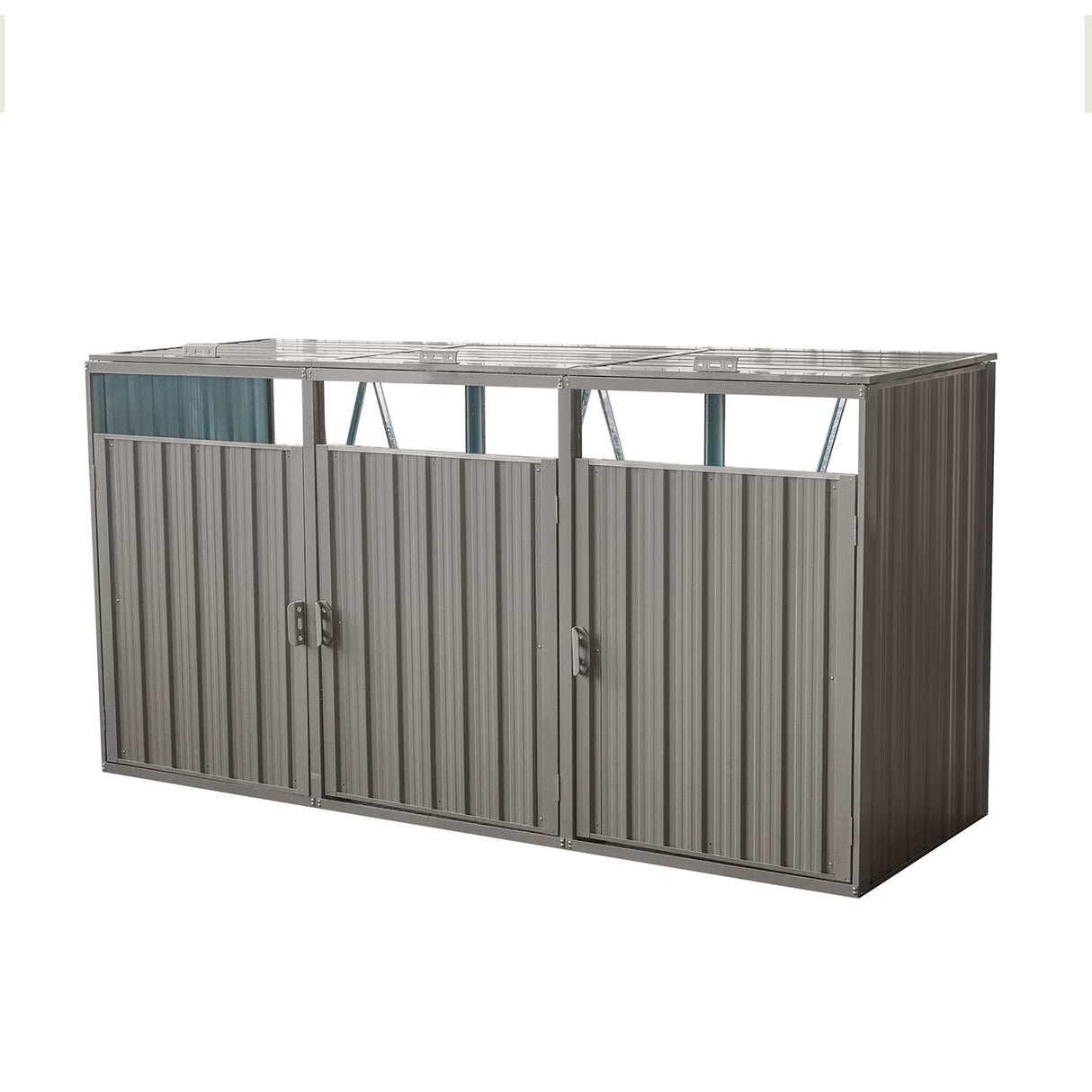 Outdoor Trash Can Storage, Storage Shed for 3 Trash cans and Tools,Waterproof Garbage Bin shed,Metal Trash Can Storage Shed Outdoor for Garden Yard(Light Grey-3 Doors) IMagacFun