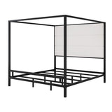 JIJIWANG Modern Black Canopy Bed with Tall Linen Fabric Upholstered Headboard, Metal 4-Poster King Size Canopy Bed Frame, King Bed Canopy, Box Spring Needed (King,Black) JIJIWANG