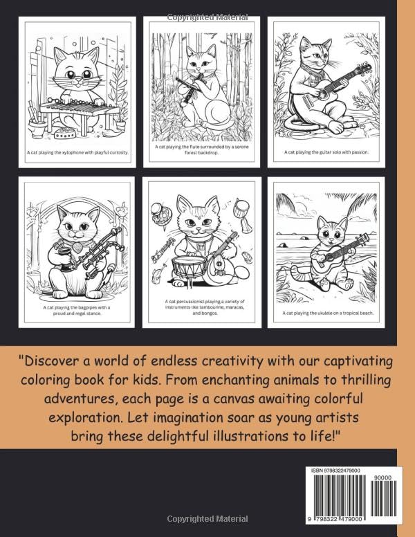 Cats Playing Music Coloring Book for kids: 54 different pages coloring book