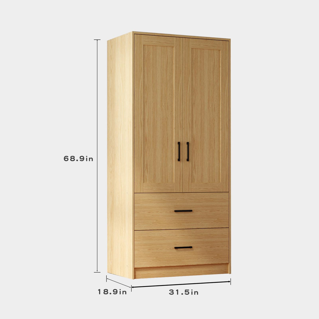 Fddevelop Wood White Wardrobe Closet with 2 Doors，Bedroom Freestanding Armoire Storage Cabinet with Shelves，Wooden Wardrobe Combination for Hanging Clothes (Wood Grain) (Wood Grain and 2 Drawer) Fddevelop