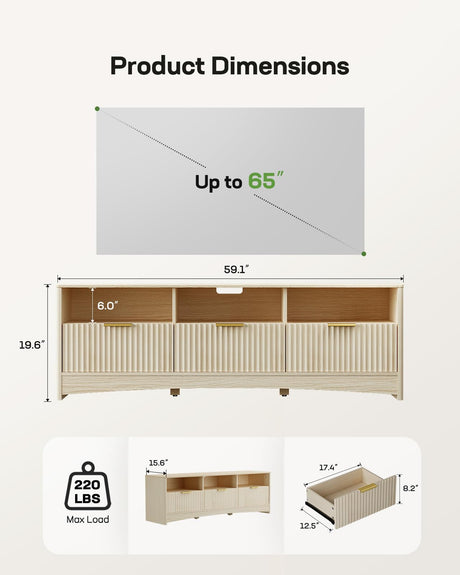 Marsail 59″ Wide TV Stand for TVs Up to 65″, Modern Entertainment Center with Fluted Panels, 3 Easy-Sliding Drawers, Open Shelves & Cable Hole, 3-Tier TV Stands for Living Room & Bedroom, Natural Oak Marsail