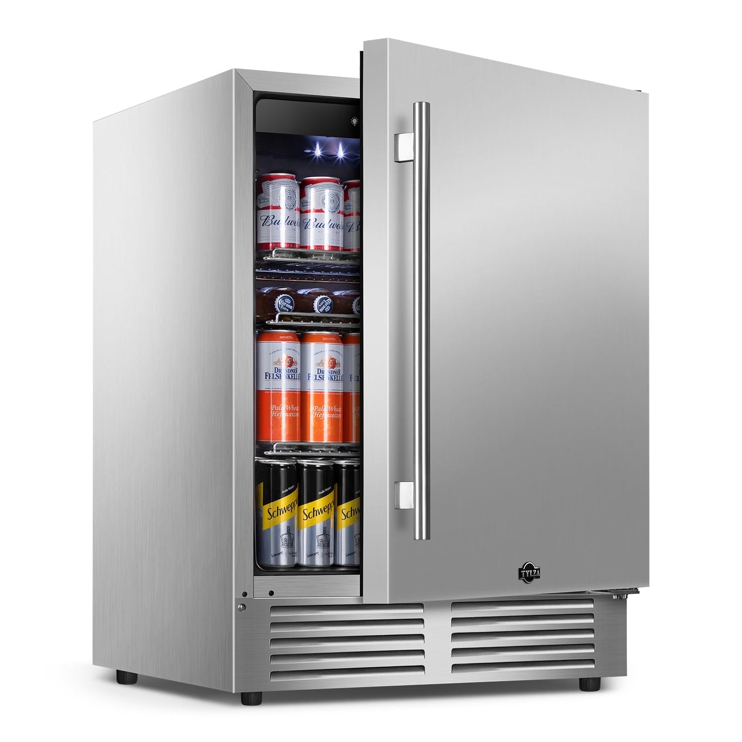 Tylza Outdoor Refrigerator 24 Inch Wide, Stainless Steel Beverage Refrigerator 176 Can for Undercounter Built-in or Freestanding, for Home and Patio, Water Proof, Fast Cooling, Low Noise, 37-65 °F