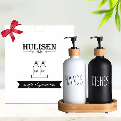 HULISEN Dish Soap Dispenser Set with Wood Tall Tray, Kitchen Soap Dispenser Set, Matte Hand and Dish Soap Dispenser Set for Modern/Boho/Farmhouse Kitchen Decor (Black & White)