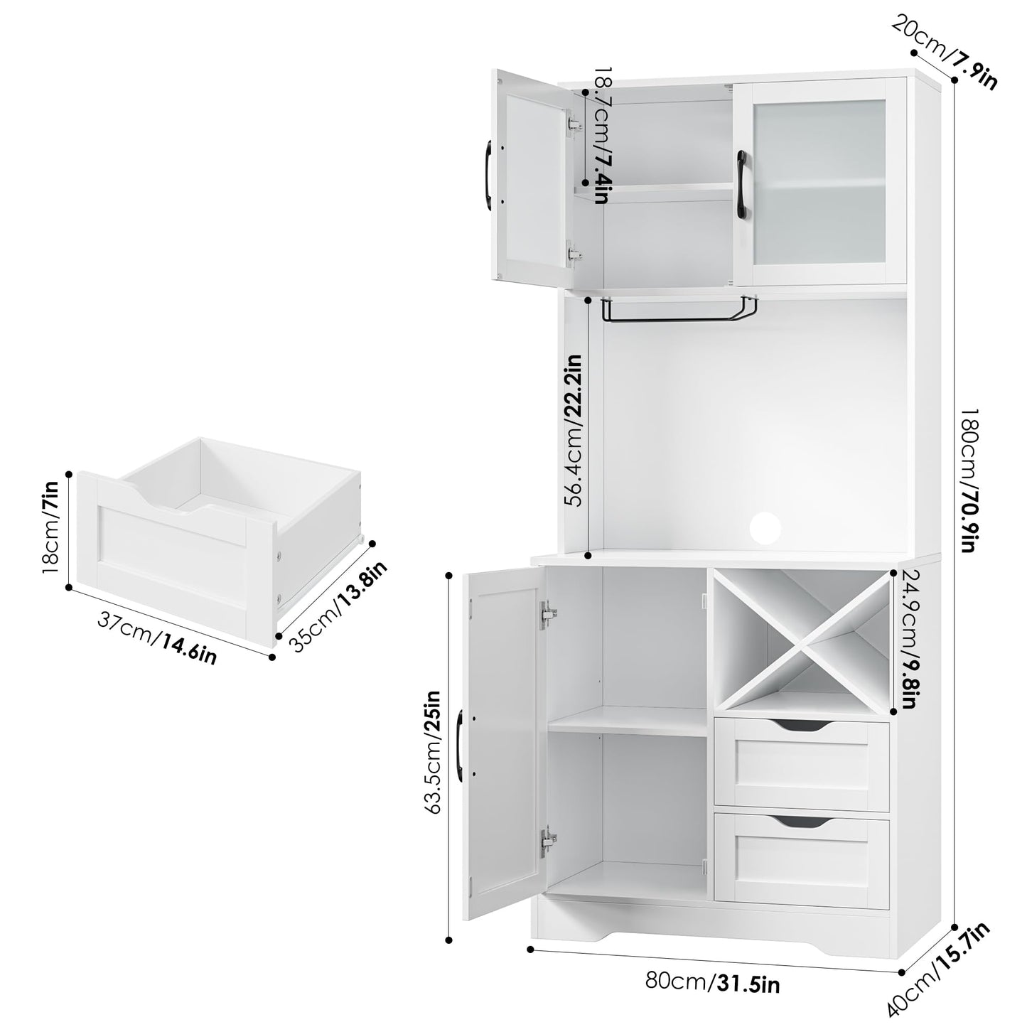 BOTLOG 71" Kitchen Hutch, Pantry Cabinet with Microwave Stand, Freestanding Buffet with Hutch, Adjustable Shelf, 3 Glass Doors, 2 Drawers, for Home, Dining Room, White - WoodArtSupply