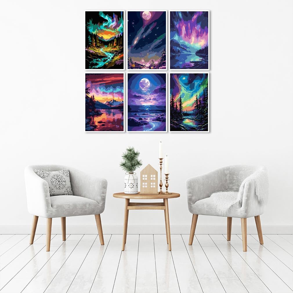 Fuinkqe 6 Pack Paint by Number Kit for Adults Beginner, Polar Lights Moon Landscape DIY Acrylic Painting Paint by Numbers Kits on Canvas for Gift Home Wall Decor 10x14inch Fuinkqe