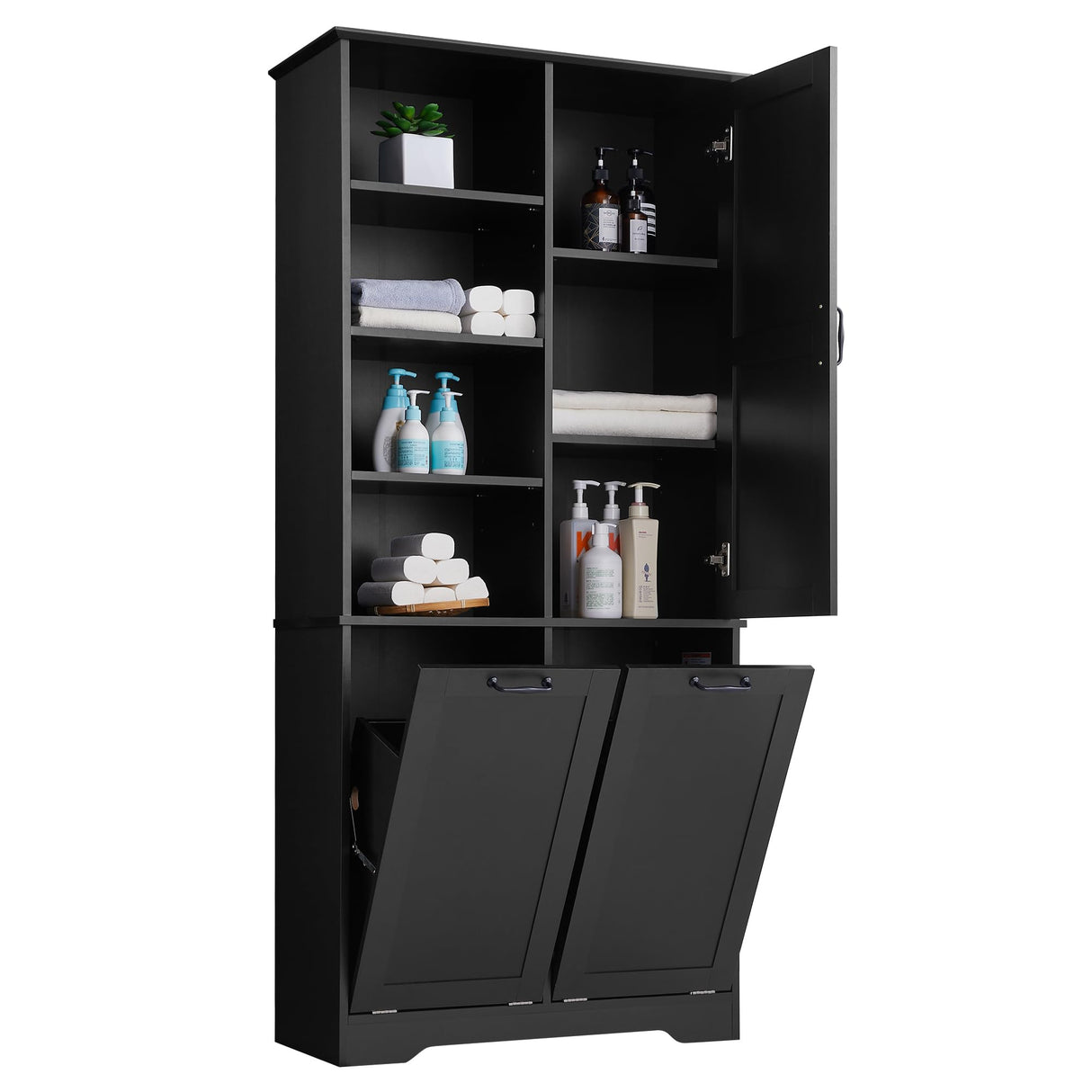 Merax Cabinet with Tilt-Out Laundry Hamper Basket, Tall Bathroom Storage Organizer Linen with Open Shelf for Home, Freestanding, Black Merax