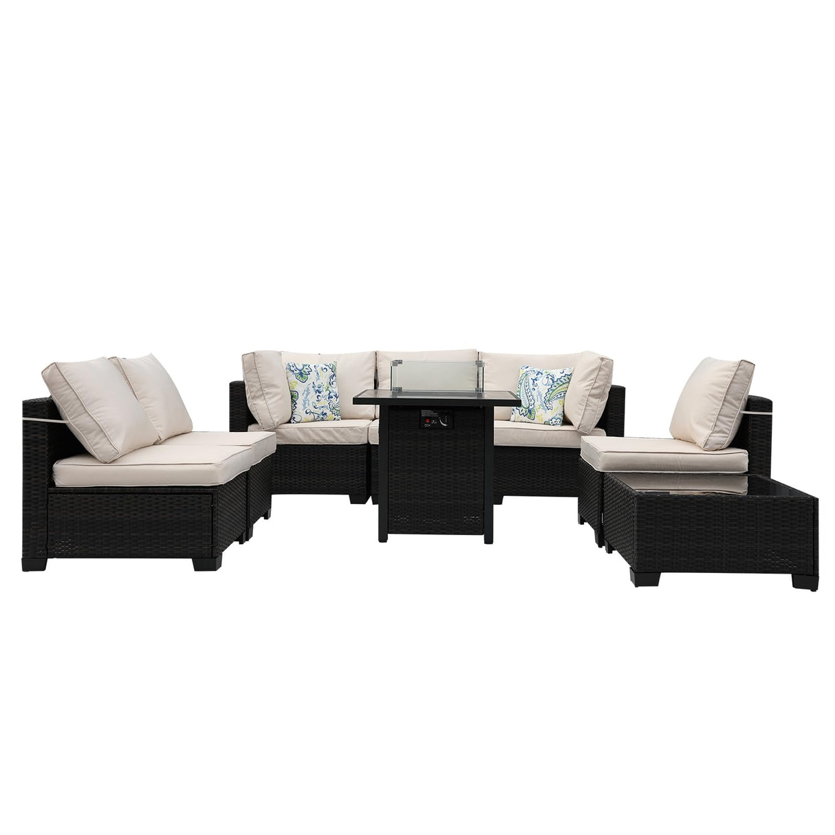 Ophelian 8-Piece Patio Furniture Rattan Wicker Outdoor Set Sectional Sofa with 28" Gas Fire Pit Table and Cushions, Conversation Set for Backyard, Patio, Garden, Brown/Beige Ophelian