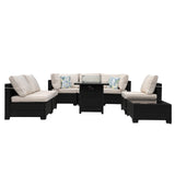 Ophelian 8-Piece Patio Furniture Rattan Wicker Outdoor Set Sectional Sofa with 28" Gas Fire Pit Table and Cushions, Conversation Set for Backyard, Patio, Garden, Brown/Beige Ophelian