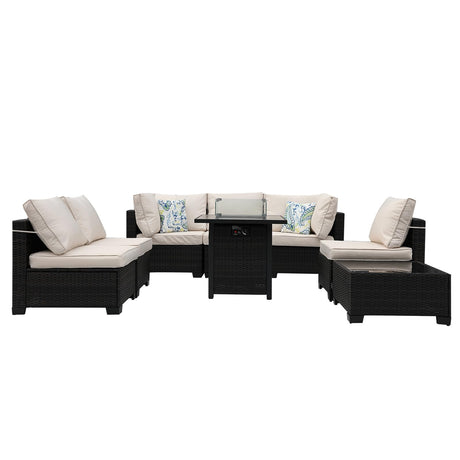 Ophelian 8-Piece Patio Furniture Rattan Wicker Outdoor Set Sectional Sofa with 28" Gas Fire Pit Table and Cushions, Conversation Set for Backyard, Patio, Garden, Brown/Beige Ophelian