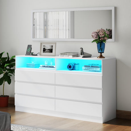 Gyfimoie 6 Drawer Dresser with Mirror for Bedroom, Accent Chests of Drawers with LED Light and Power Outlet, White 6 Dresser with Charging Station and 47"x15.7" Full Length Mirror (White) Gyfimoie