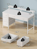 Seventable Computer Desk with Power Outlets & LED Light, 47 inch Home Office Desk with 5 Drawers, Writing Desk with Monitor Stand, Work Desk for Home Office, White Seventable