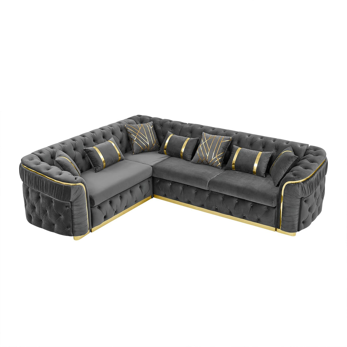 110.5" Luxury Velvet L Shape Chesterfield Sofa Set with Glod Metal Accents, Oversize Victorian Curved Arm Sofa Sectional Couches for Living Room with 7 Pillows, Left Chaise, Gray WIN FORCE