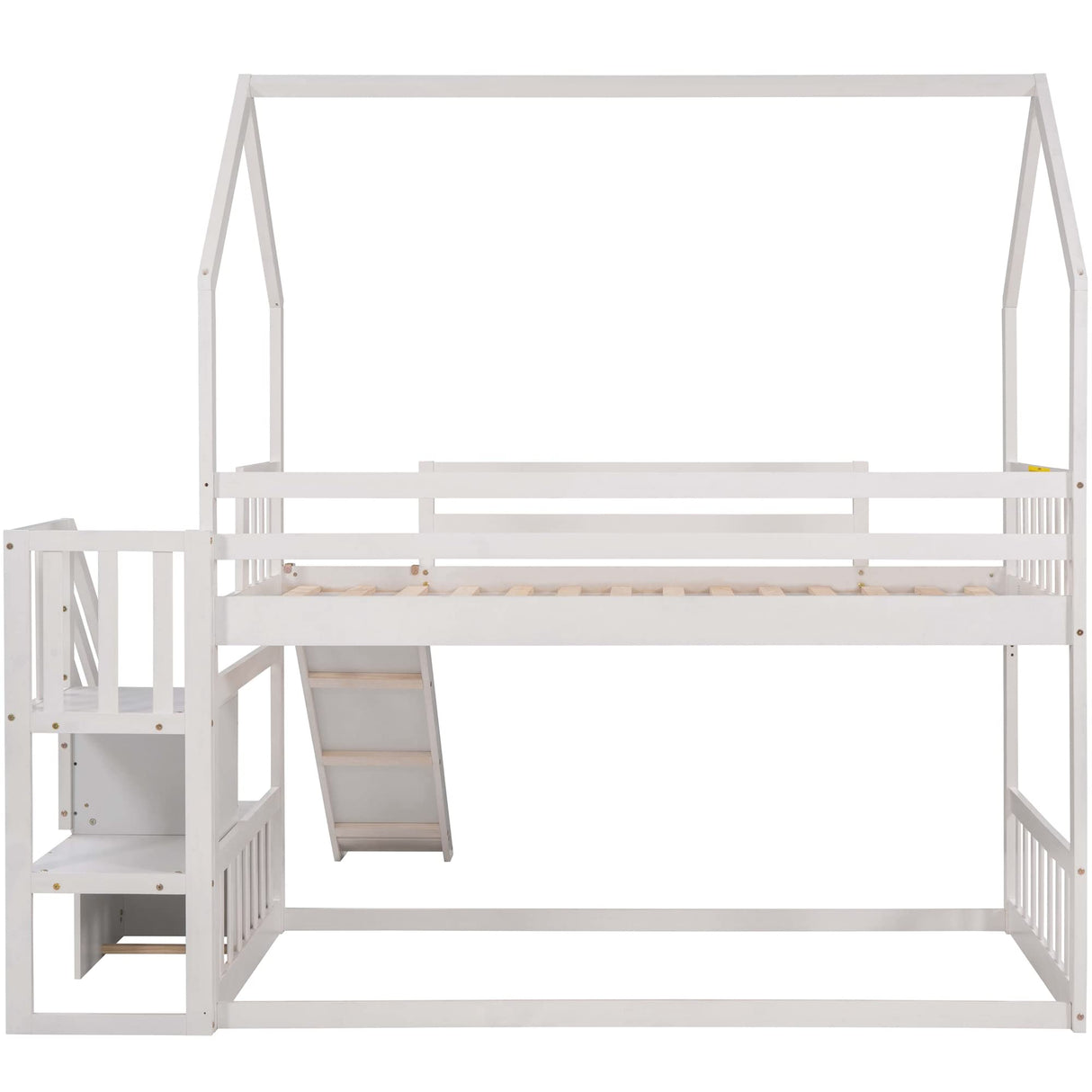 Merax Twin Over Twin House Bunk Bed Frames with Slide and Storage Staircase, No Box Spring Needed, White Merax