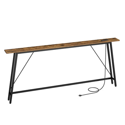 YATINEY 70.9" Console Table with Power Outlets, Sofa Tables Narrow Long, Industrial Behind Couch Table, for Hallway, Entryway, Living Room, Rustic Brown and Black CT185UBR