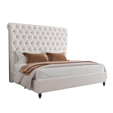 AMERLIFE King Size Bed Frame 60" Tall Sleigh Headboard Bed with Velvet Upholstered Platform, No Box Spring Needed, Cream AMERLIFE
