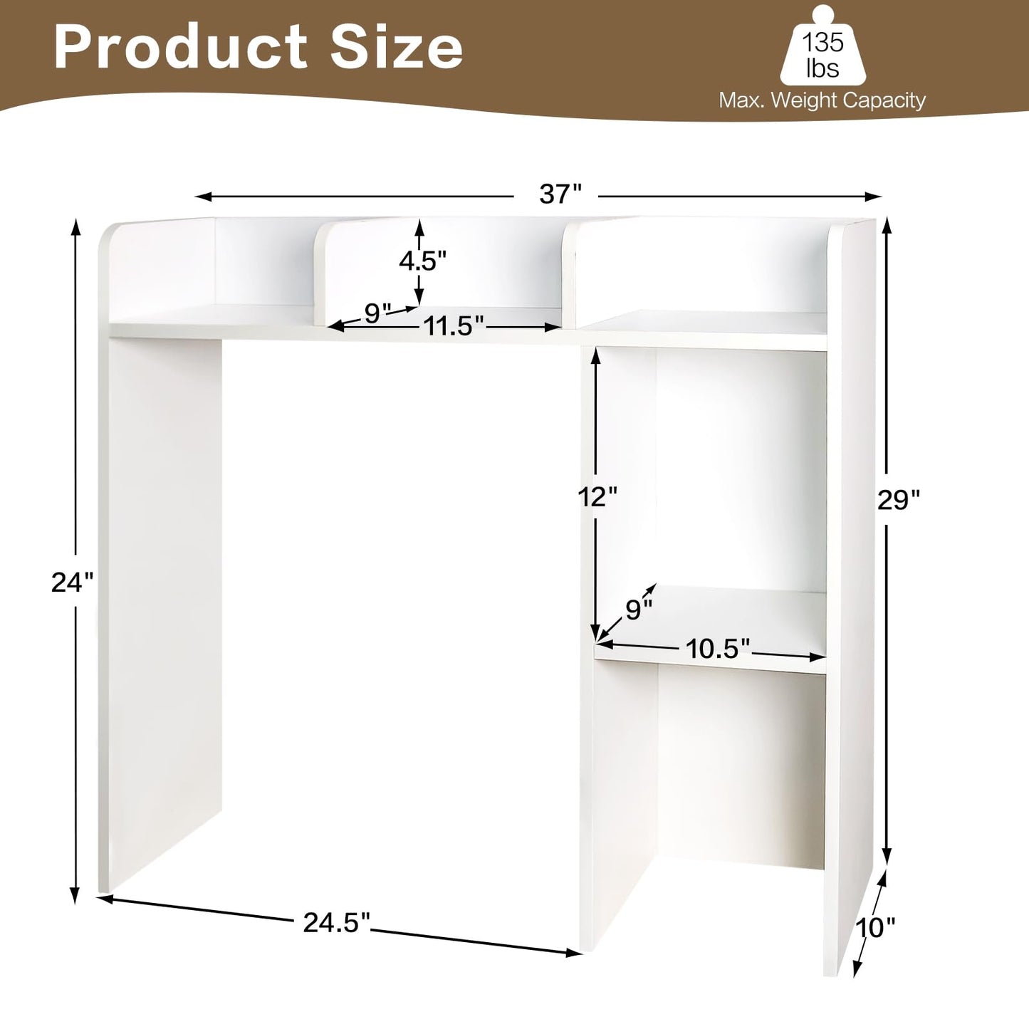 Sturdy White Wooden 3-Tier Desk Bookshelf with 5 Cubbies - YYDBIAP College Dorm Hutch - WoodArtSupply