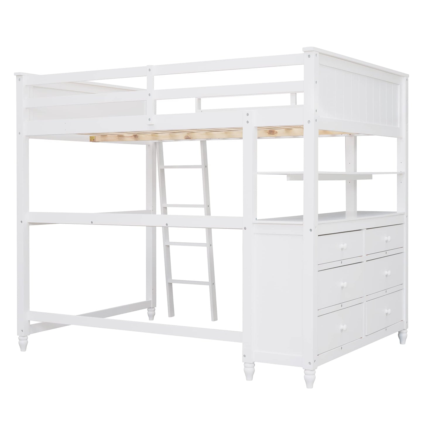 Full Size Solid Wood Loft Bed with Desk, Storage Drawers, and Safety Guardrails - White - WoodArtSupply