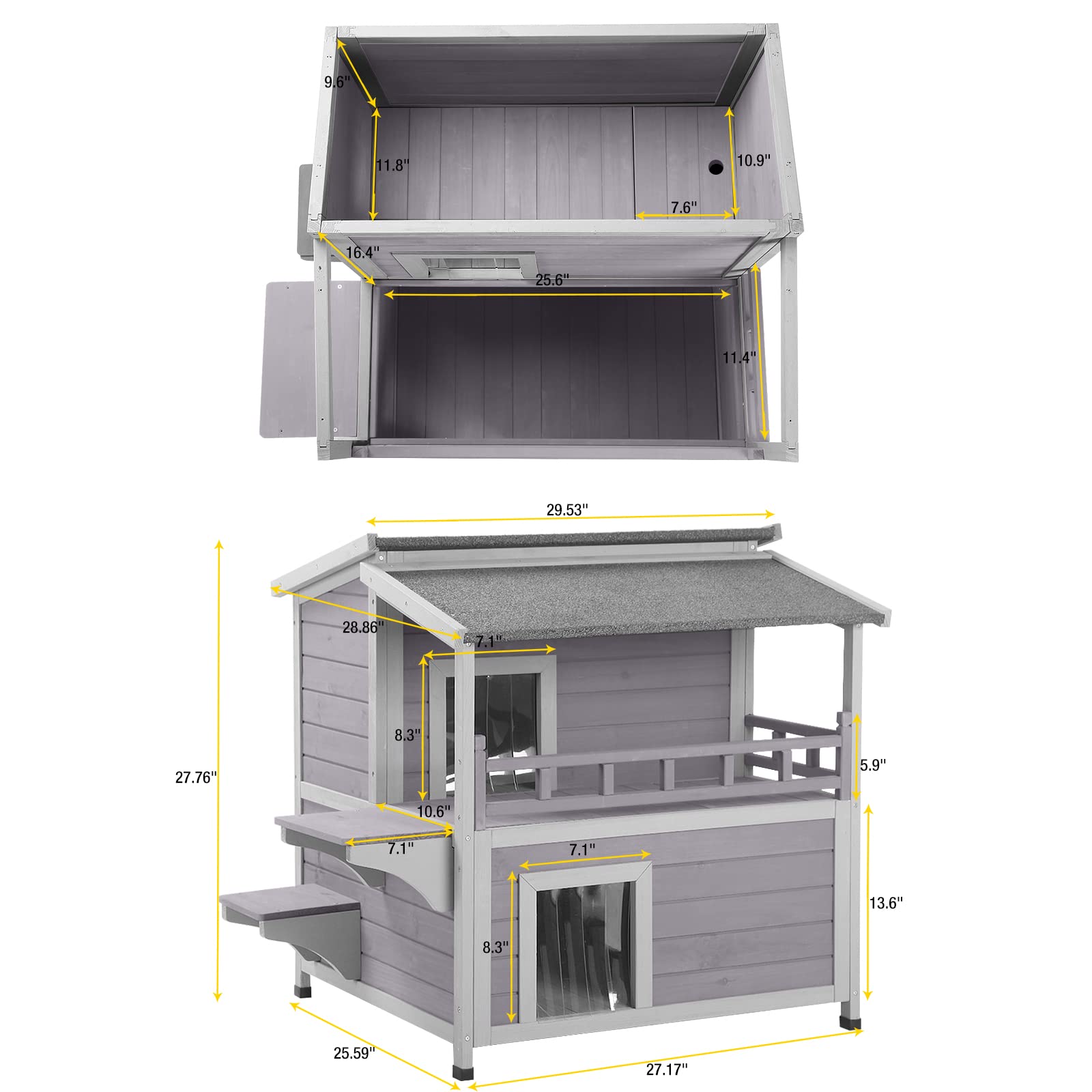 Aivituvin Outdoor Feral Cat House Wooden Kitty Shelter with Large Balcony,Escape Door,Waterproof - WoodArtSupply