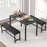 VECELO 3-Piece 63" Extendable Kitchen Table with Benches/Chairs, Modern Breakfast Dinette/Dining Room Set for 4/6/2, Small Space Saving Design, Easy Assembly VECELO