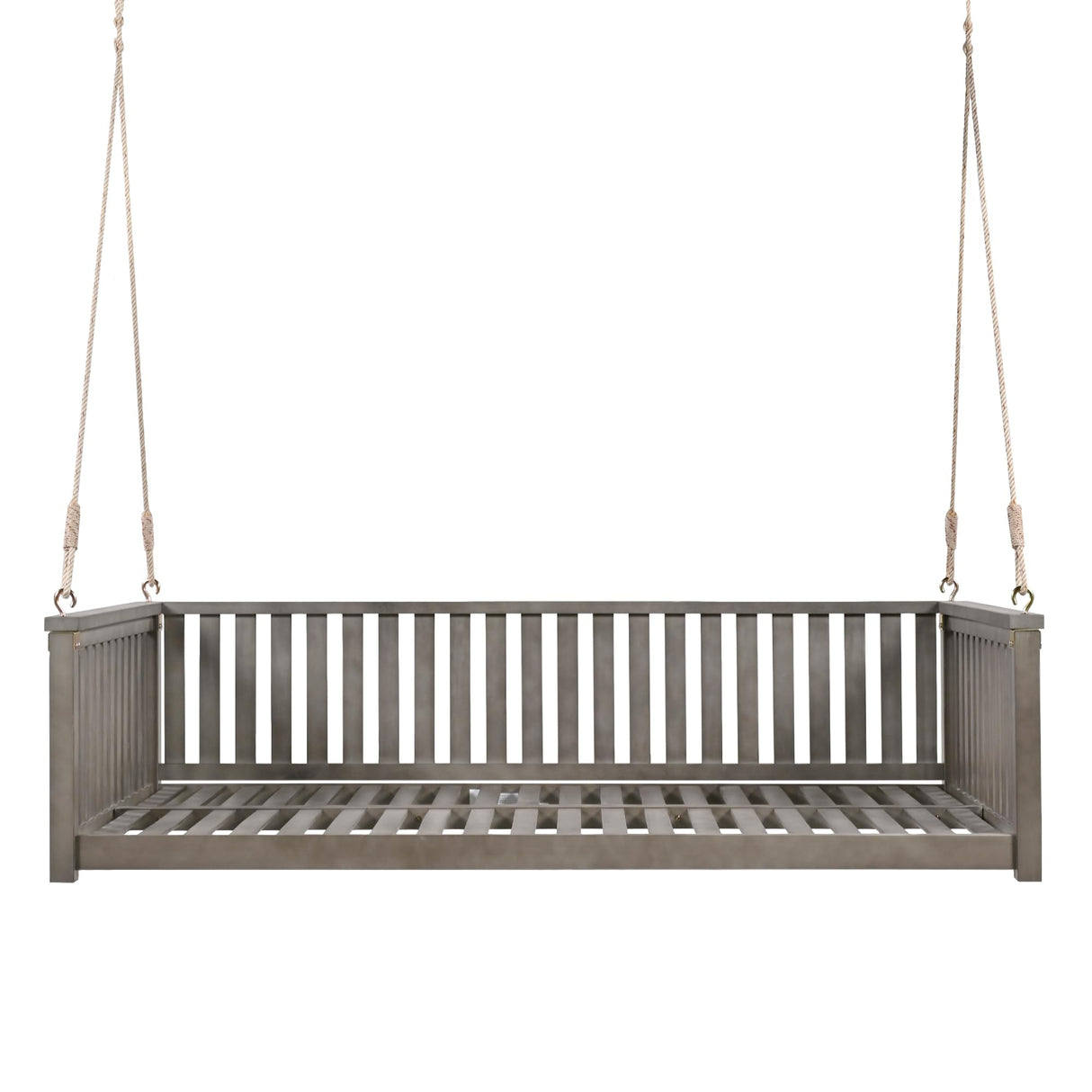 Linique 79" Solid Wood Patio Swing Bed, Outdoor Twin Size Swing Bed Frame with Ropes for Porch, Backyard, Patio, Grey Linique