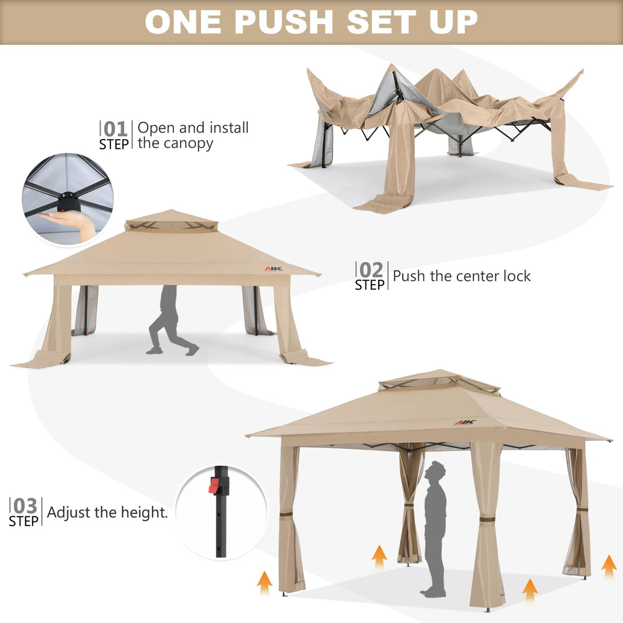 ABCCANOPY 13x13 Pop Up Gazebo, Outdoor Canopy Tent, Instant Screened Shelter with Mosquito Netting for Patio, Garden, Backyard, Party, Camping (Khaki) ABCCANOPY