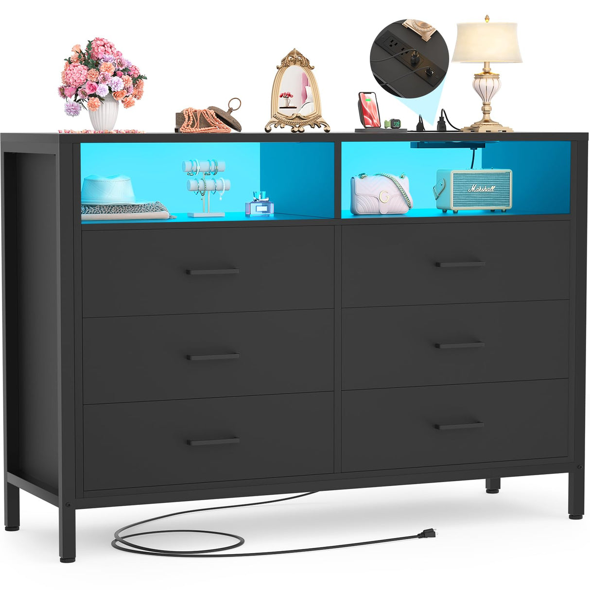 Hyomdeck Black Dresser for Bedroom, 6 Drawer Dresser with LED Lights and Power Outlet, Wood Dresser, Tall Chest of Drawer Storage Organizer, Dresser TV Stand for Living Room, Hallway, Entryway Hyomdeck