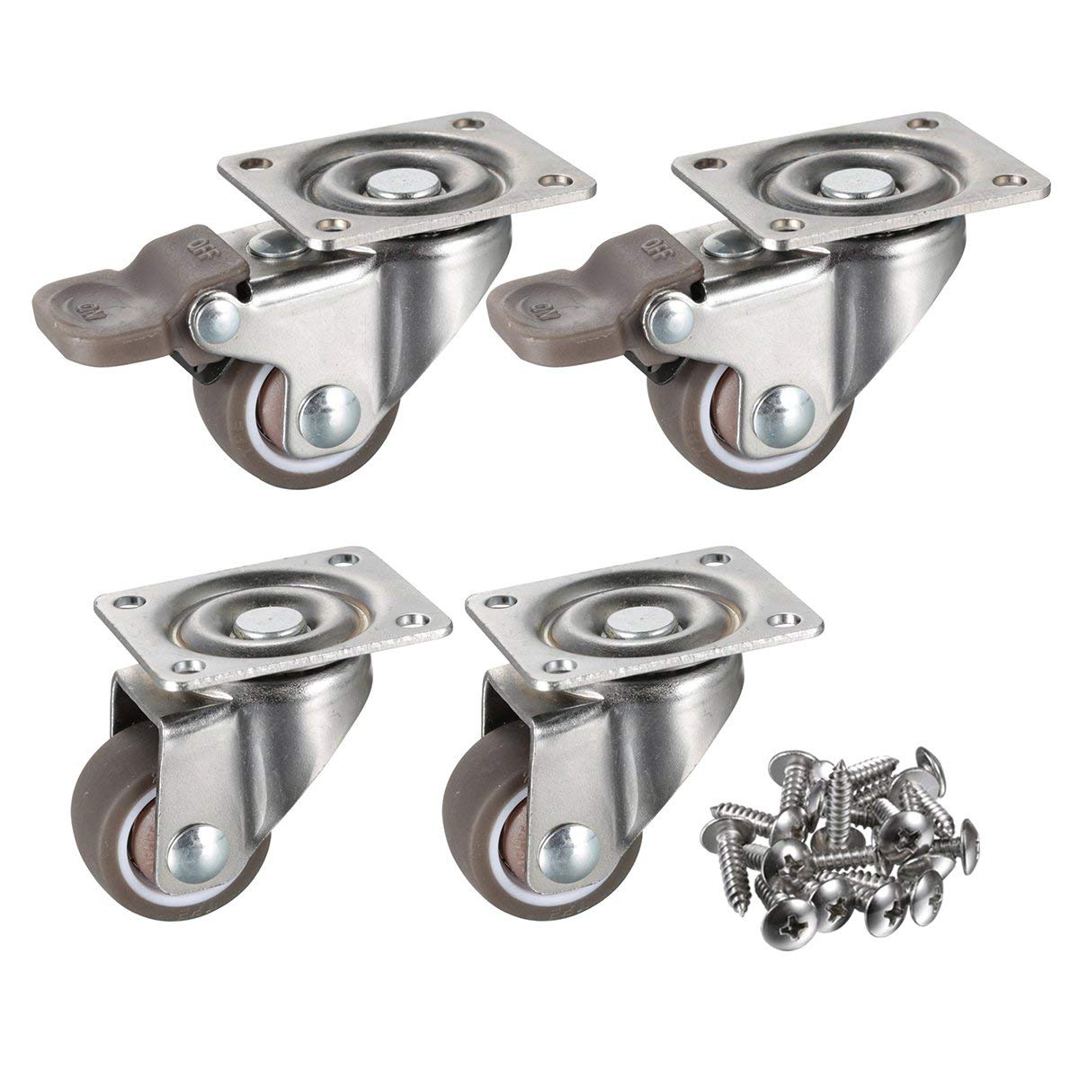 bayite 4 Pack 1" Low Profile Casters Wheels Soft Rubber Swivel Caster with 360 Degree Top Plate 100 lb Total Capacity for Set of 4 (2 with Brakes & 2 Without) bayite