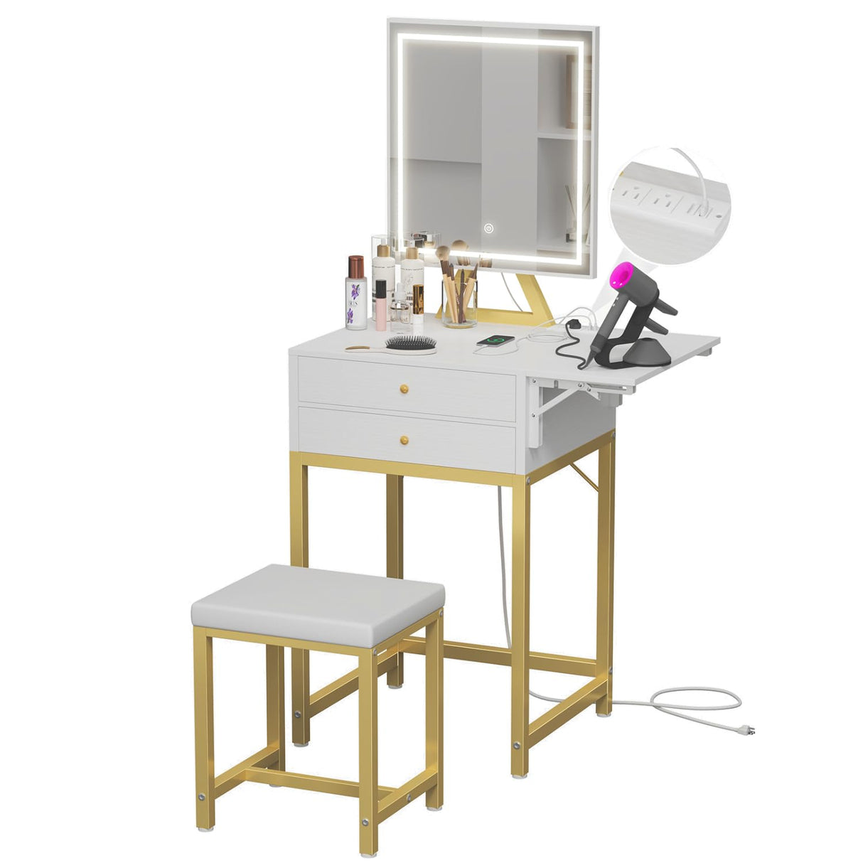 KAI-ROAD Small Makeup Vanity Desk with Lights - White Girls Vanity Set with Mirror and Chair, Make Up Dresser Table with Drawers and Power Outlet for Bedroom Small Space, Gold KAI-ROAD
