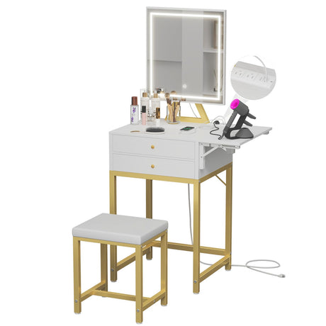 KAI-ROAD Small Makeup Vanity Desk with Lights - White Girls Vanity Set with Mirror and Chair, Make Up Dresser Table with Drawers and Power Outlet for Bedroom Small Space, Gold KAI-ROAD