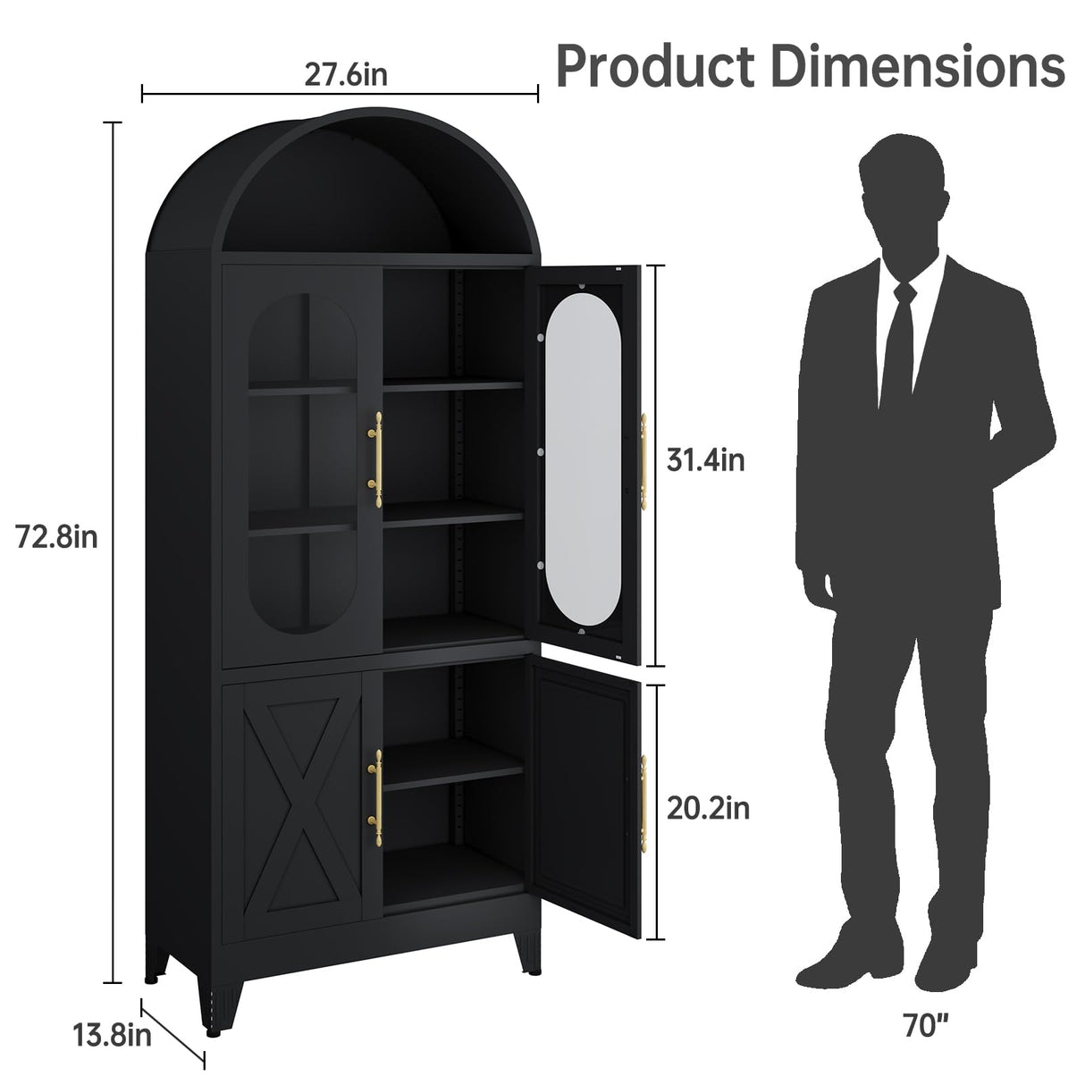 PAOFIN 73" Metal Tall Arched Kitchen Pantry Cabinet, Modern Farmhouse Kitchen Storage Cabinets with 3 Adjustable Shelves, Versatile Cupboard for Kitchen, Dining Room, Black PAOFIN
