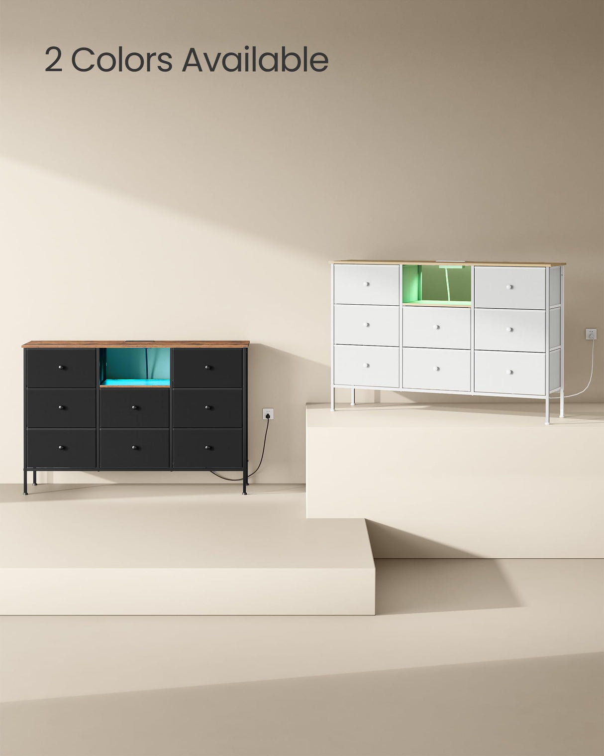 SONGMICS Dresser with Power Outlets and LED Lights, Fabric Chest of Drawers, 25 Colors, 8 Drawers, TV Stand for up to 60 Inch TVs, 11.8 x 47.2 x 31.3 Inches, Cloud White and Oak Beige ULTS518W01 SONGMICS