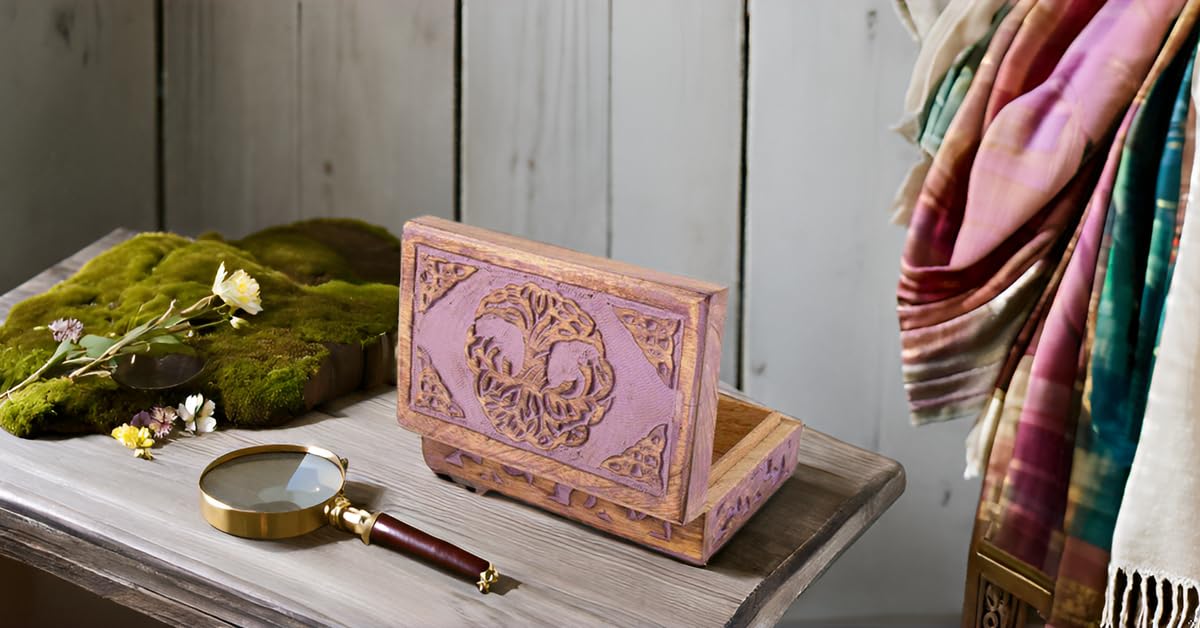 Great Birthday Gifts Handmade Decorative Wooden Jewelry Box Tree Of Life Carving Jewelry Organizer Keepsake Box Treasure Chest Trinket Holder Watch Box Storage Lock Box Housewarming Gift (Violet) The Great Indian Bazaar