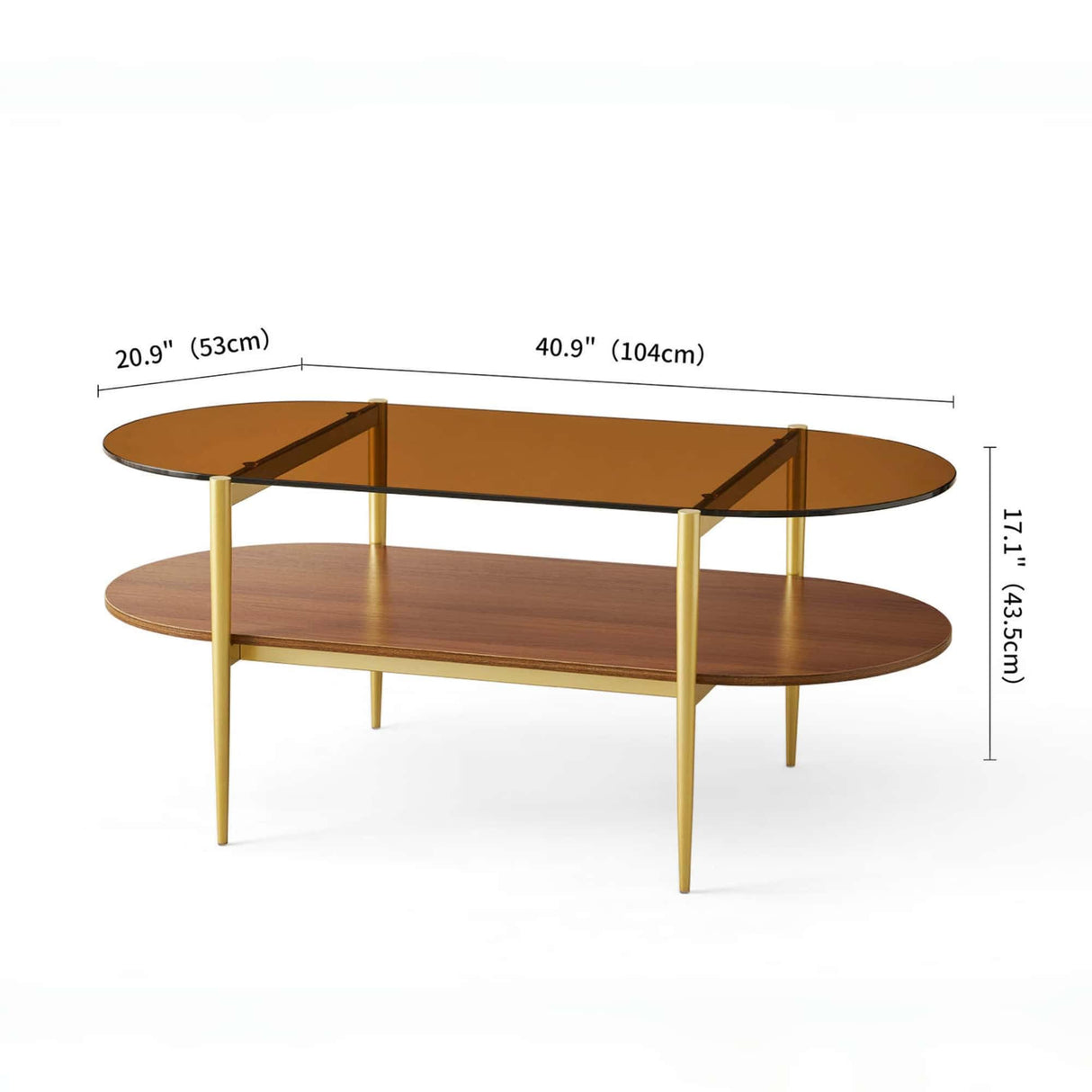 LumFurn Oval Glass Coffee Table, Mid-Century Modern Design, L41 x W21 x H17 inch, for Living Room, 2-Tier Structure, Amber Glass Top and Walnut Finish Wood Shelf, Conical Legs with Gold Finish Frame LumFurn