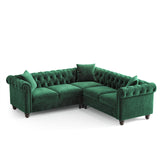 ONBRILL Chesterfield L Shaped Sofa, Velvet Sectional Couches for Living Room, Tufted Corner Couch with Rolled Arms, 3 Throw Pillows, Comfy L Shaped Sectional Sofa for Apartment, Green ONBRILL