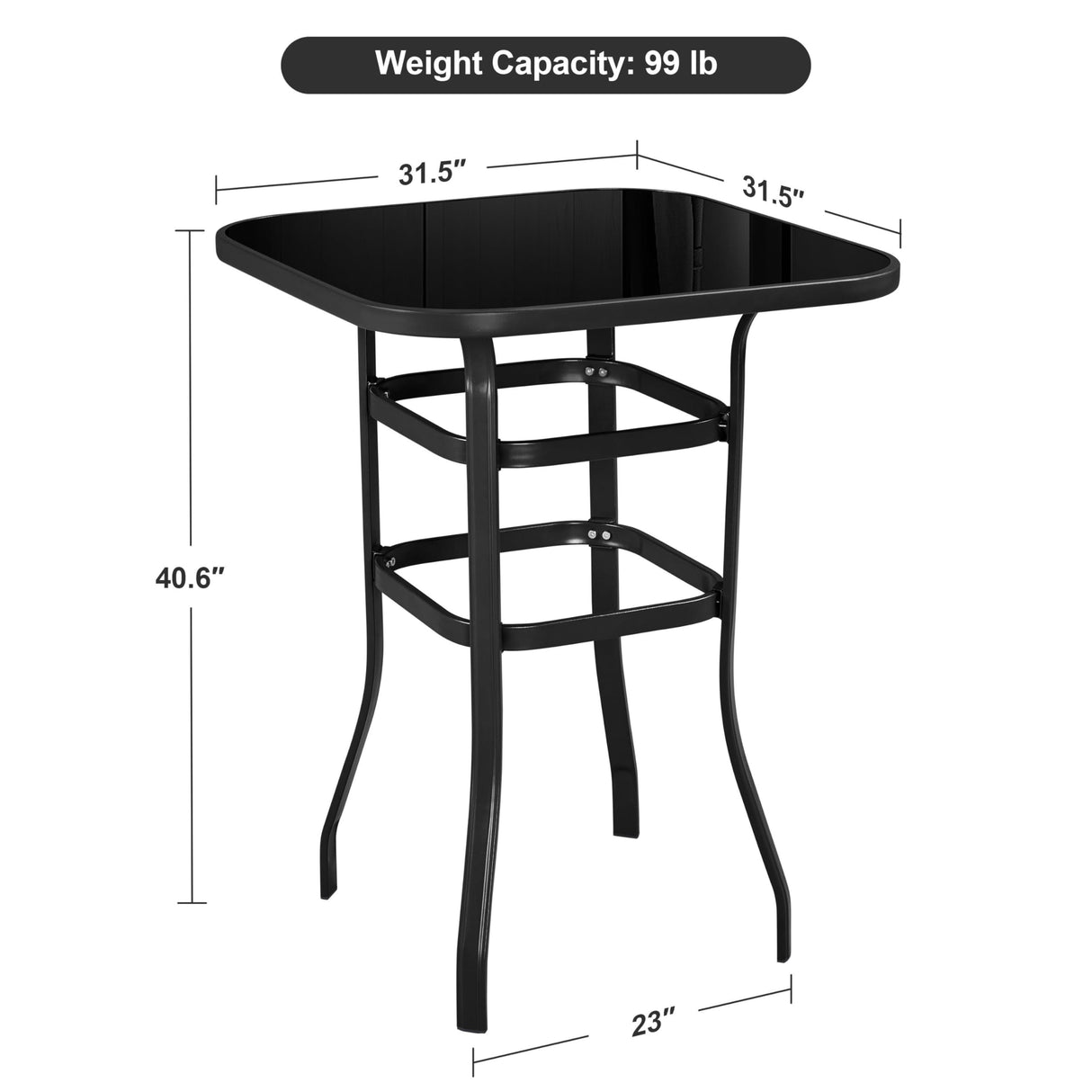 Yaheetech Metal Frame Patio Bar Table Tempered Glass, Height High Top Outdoor Pub Height Bistro Square Glass Side Table for Balcony Backyard Poolside, Black Yaheetech