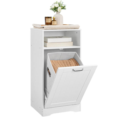 HOOBRO Tilt Out Laundry Hamper Cabinet, Bathroom Laundry Cabinet with Hidden Basket, Farmhouse Laundry Hamper with Open Shelving, 15.7" x 14.1" x 31.9", White WT40XY01 HOOBRO