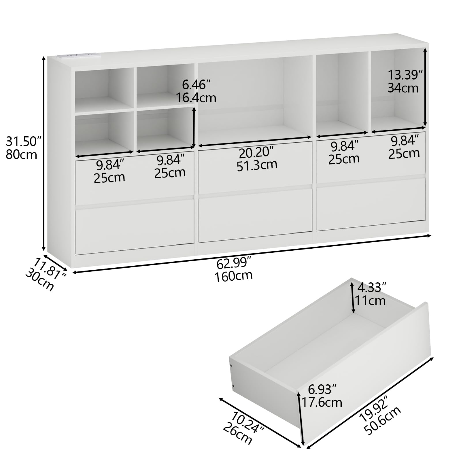 Gyfimoie White Dresser for Bedroom with 6 Drawers, Chest of Drawers with Led Lights&Charging Station, 63" Long Dresser with 7 Open Cubbies, Storage Drawers for Living Room, Closet, Hallway (W - WoodArtSupply