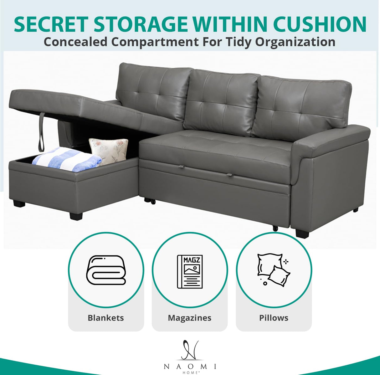 Naomi Home Jenny Sectional Sofa Sleeper with Storage Chaise, Tufted Pull Out Couch with Storage, Sectional Bed, L-Shaped Reversible Sleeper Sofa, Gray,Air Leather Naomi Home