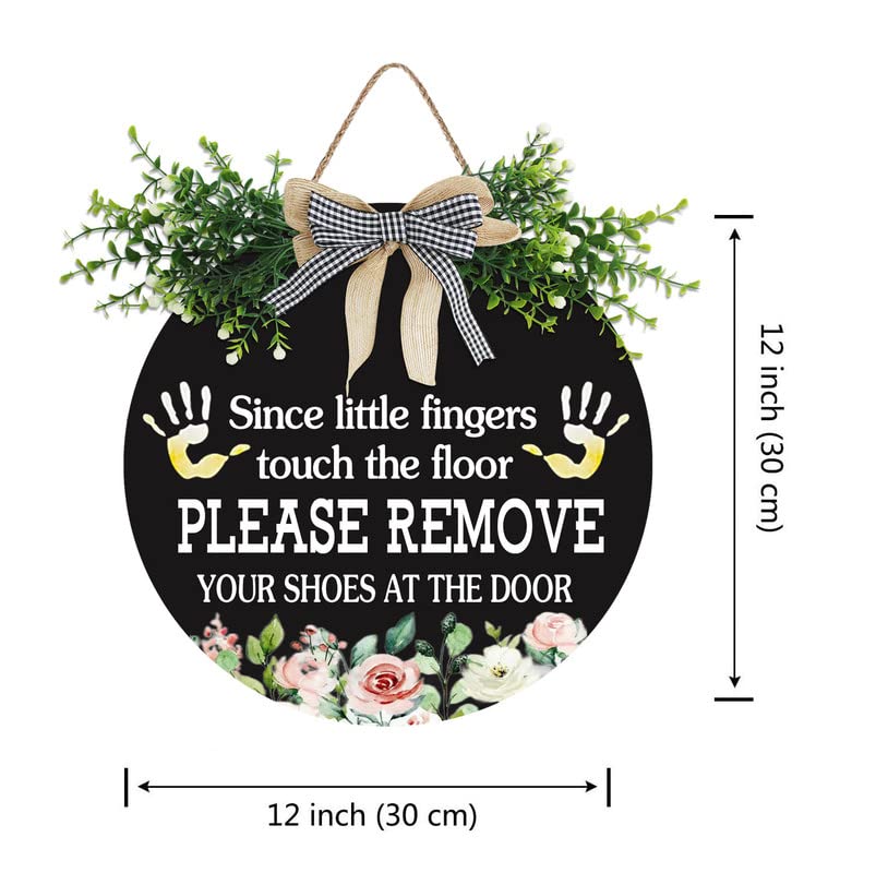 Leave Your Shoes at The Door Since Little Fingers Touch Our Floor Signs Wooden Sign Buffalo Plaid Bow Shoes Close Sign for All Seasons Farmhouse Home Front Porch Door Decor 12" Aowotu