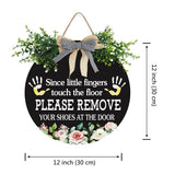 Leave Your Shoes at The Door Since Little Fingers Touch Our Floor Signs Wooden Sign Buffalo Plaid Bow Shoes Close Sign for All Seasons Farmhouse Home Front Porch Door Decor 12" Aowotu
