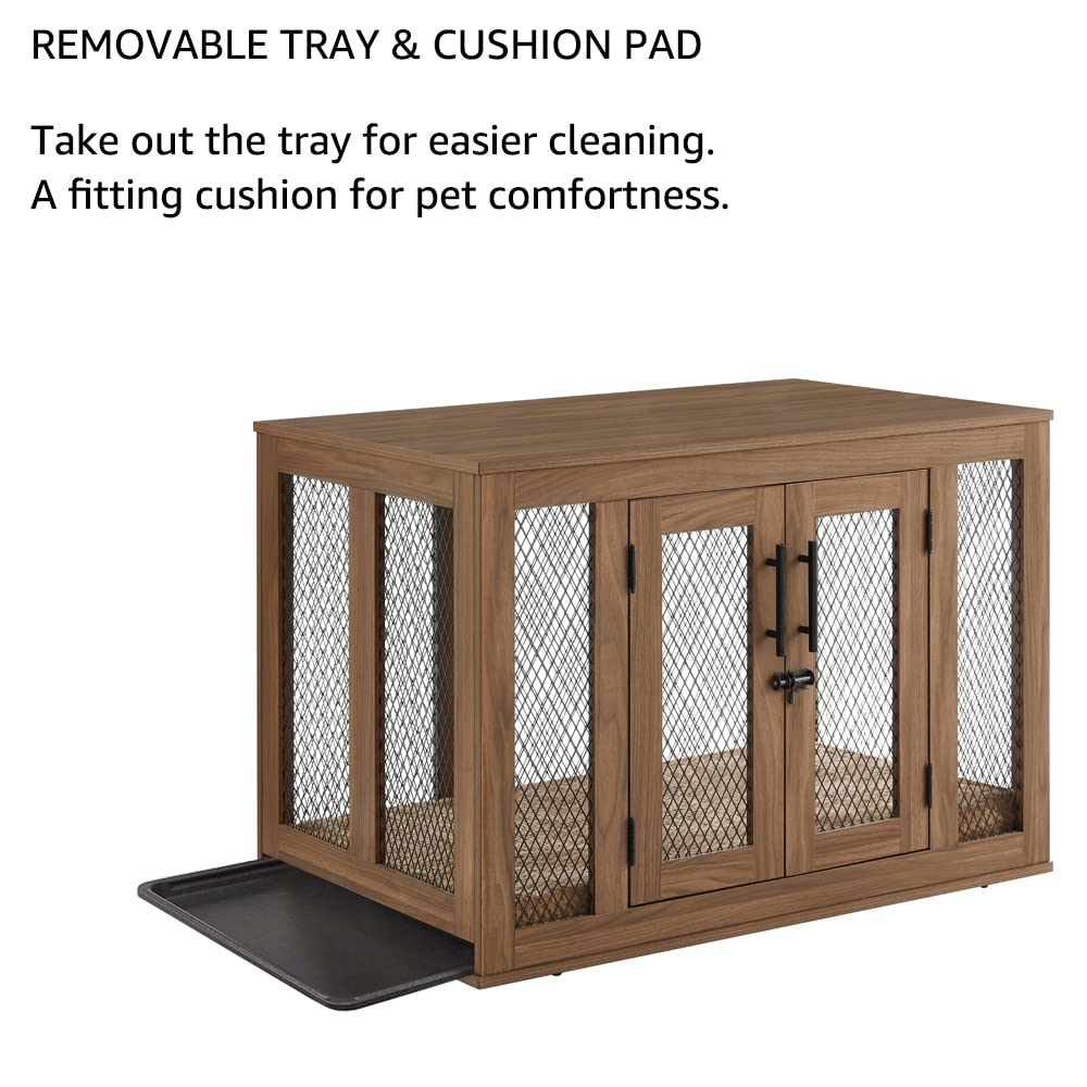 unipaws Furniture Dog Crate with Tray for Medium Dogs, Indoor Aesthetic Puppy Kennel Pet House Dog Cage with Door, Modern Decorative Wood Pretty Cute Fancy End Side Table Nightstand, Walmut - WoodArtSupply