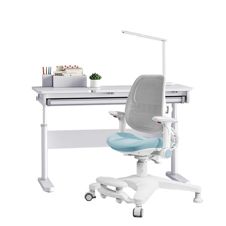 FCD Desk and Chair for Kids, Wood Ergonomic Multi Function Adjustable Study Desk and Chair Set, Drafting Table and Computer Station for Children 5-18 (Blue Chair, Bookshelf Not Included) FCD