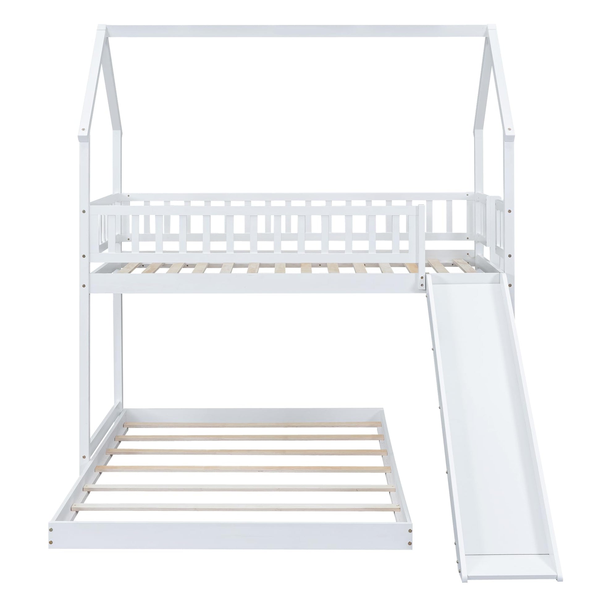 Harper & Bright Designs Twin Over Full House Bunk Bed with Slide and Guardrail, White - WoodArtSupply