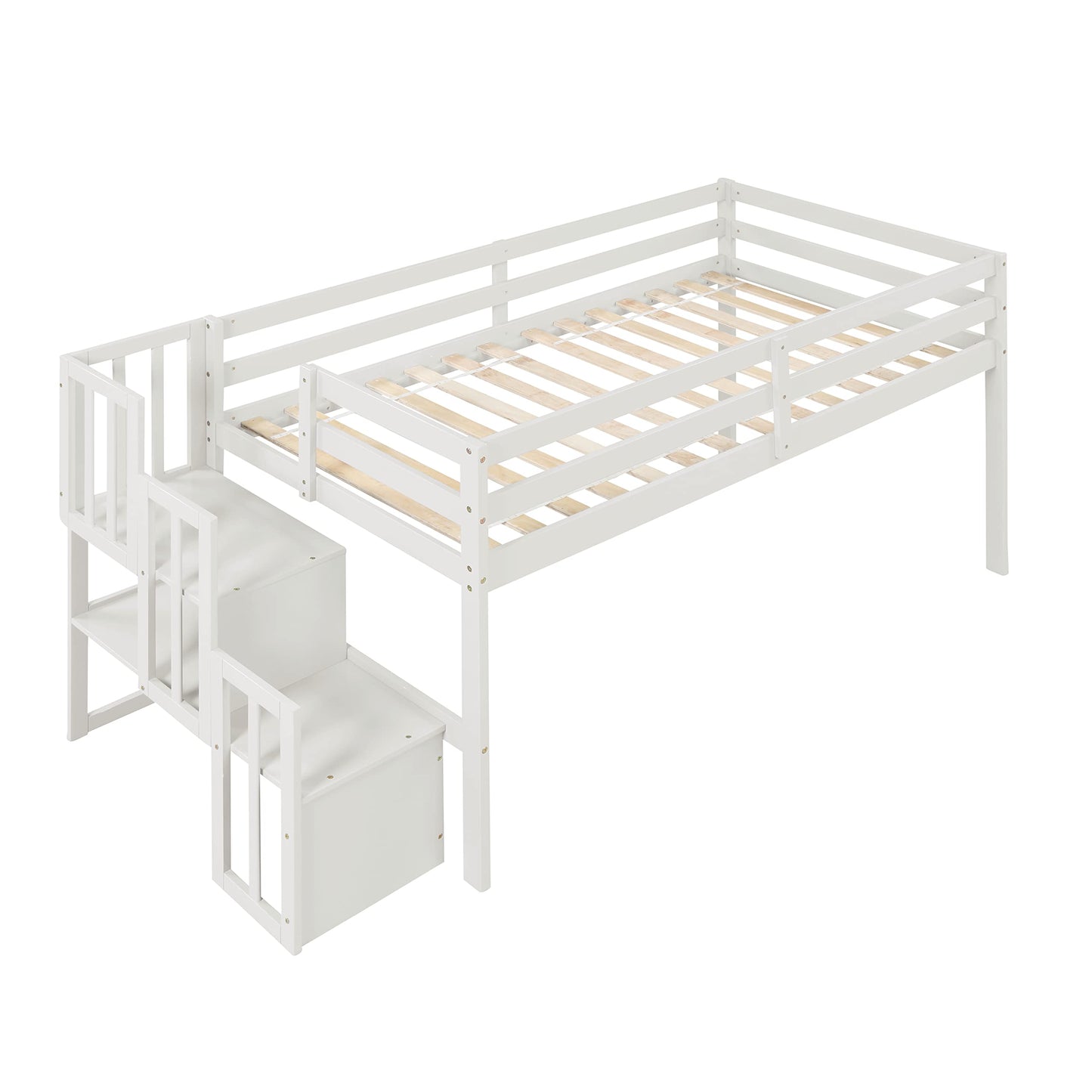 CITYLIGHT Twin Low Loft Bed with Staircase and Storage, White Wood Frame for Kids - WoodArtSupply