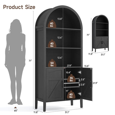 ONBRILL 71" Tall Arched Bookshelf, 5-Tier Arched Bookcase with Door & Storage Cabinet, Farmhouse Display Bookshelf Cabinet with Adjustable Shelf, Freestanding Wood Bookcase for Home Office, Study ONBRILL