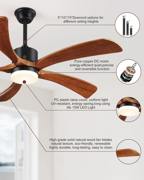 60 Inch Ceiling Fans with Lights Remote Control, Modern Ceiling Fan 5 Blades Wood Fan for Outdoor, 3 Downrods, ETL Listed, Timer, 6 Speeds Reversible Quiet Dc Motor for Patios Forrovenco