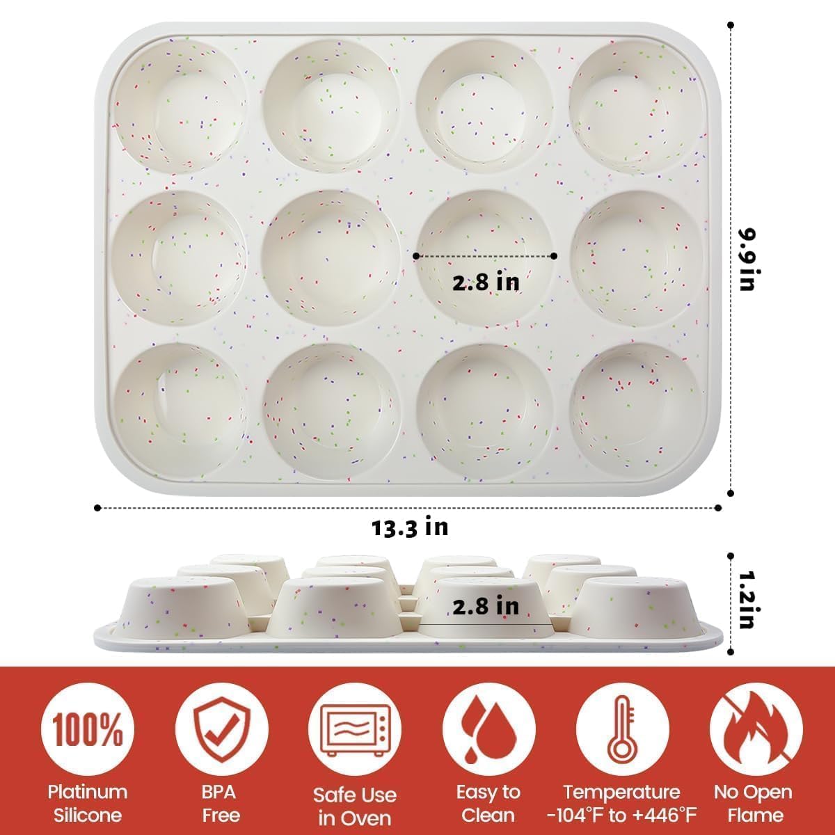 CAKETIME Silicone Muffin Pan, Metal Reinforced Frame Cupcake Pan 12 Cups Regular Size Easy to Move in or Out of Oven Non-Stick (2)