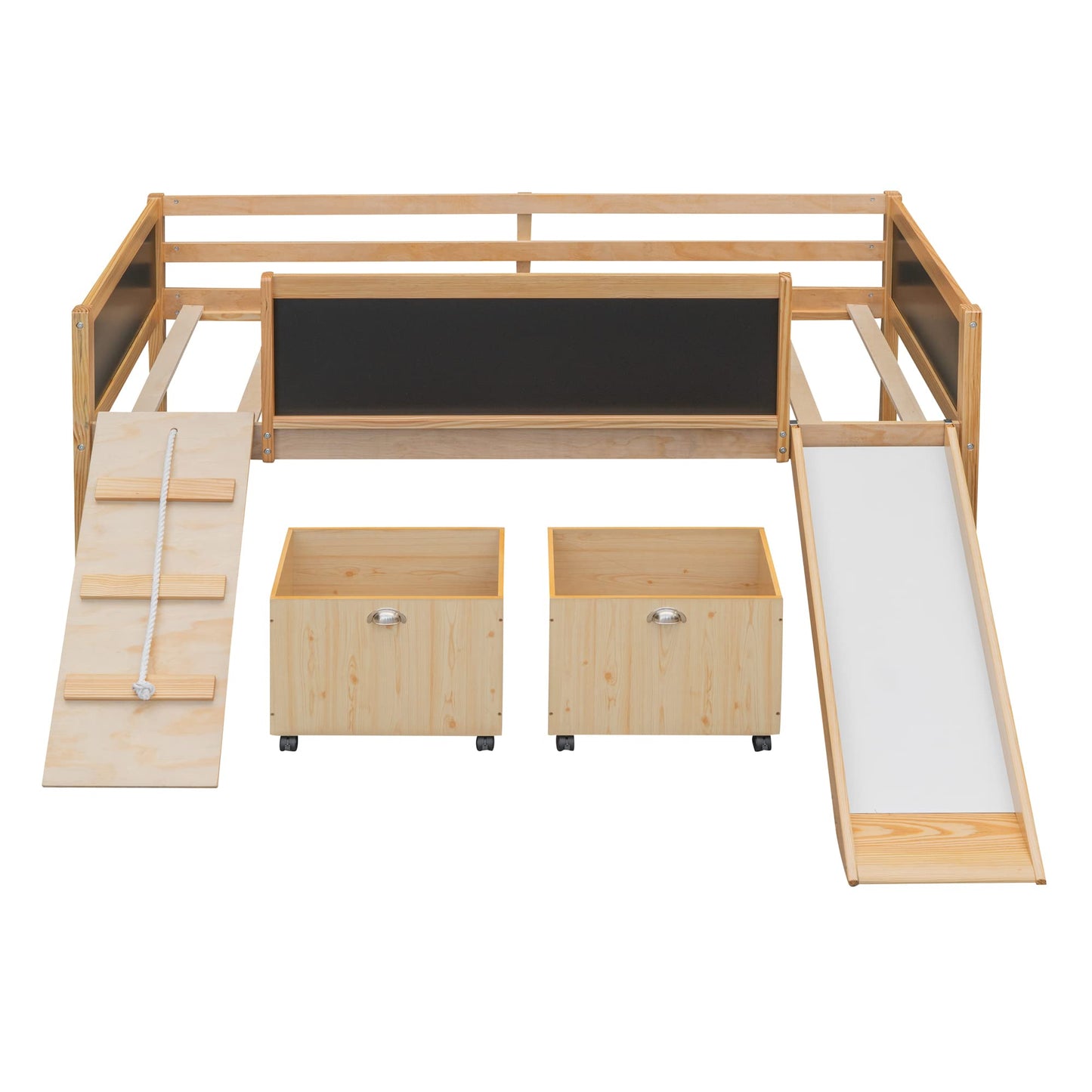 Harper & Bright Designs Low Loft Bed with Slide, Wood Twin Loft Bed for Kids, Loft Bed Twin with 2 Toy Boxes, Chalkboard and Climbing Frame, Junior Loft Bed Frame for Girls Boys (Twin, Natural)