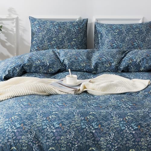 HoneiLife Duvet Cover Sets Twin - 100% Cotton Floral Comforter Cover, 2-PCS Breathable Bedding Set with Zipper Closure & Corner Ties, Wildflower Duvet Cover for All Season Use,Blueblack, King HoneiLife