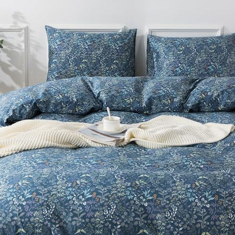 HoneiLife Duvet Cover Sets Twin - 100% Cotton Floral Comforter Cover, 2-PCS Breathable Bedding Set with Zipper Closure & Corner Ties, Wildflower Duvet Cover for All Season Use,Blueblack, King HoneiLife